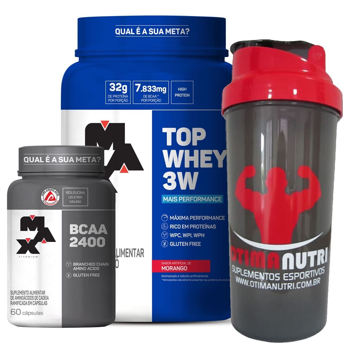 Kit Top Whey 3W - 900g Morango + BCAA 2400 - 60 C�ps + Coqueteleira - Max Titanium