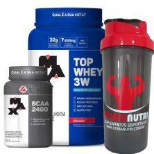 Kit Top Whey 3W - 900g Morango + BCAA 2400 - 60 C�ps + Coqueteleira - Max Titanium
