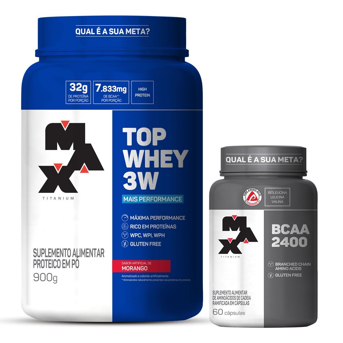 Kit Top Whey 3W - 900g Morango + BCAA 2400 - 60 C�ps - Max Titanium