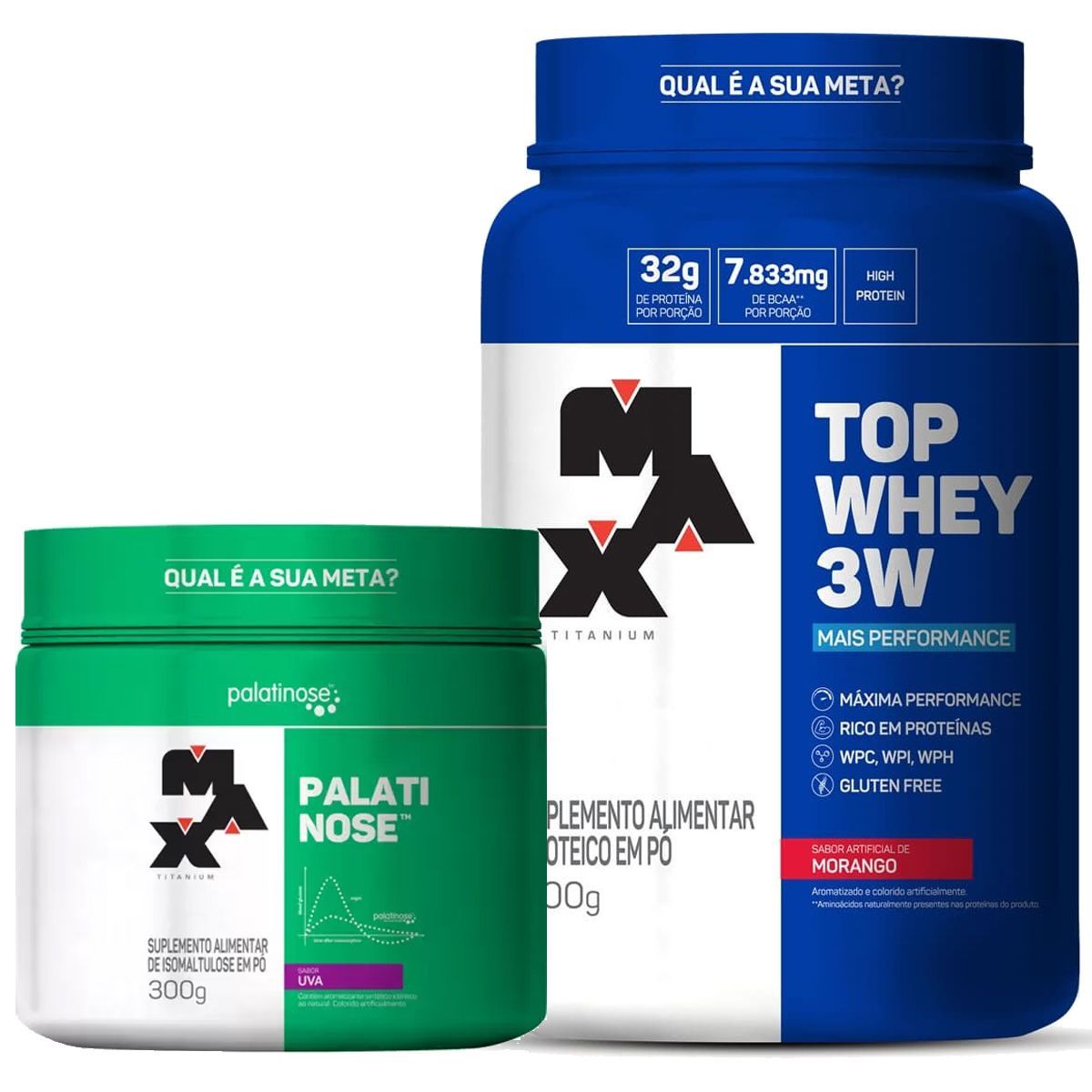 Kit Top Whey 3W 900g Morango + Palatinose 300g Uva - Max Titanium