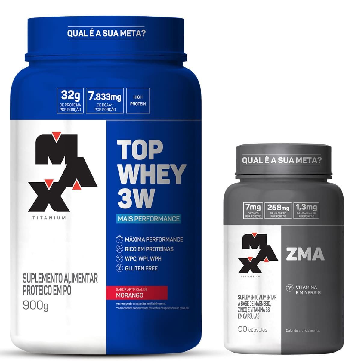 Kit Top Whey 3W - 900g - Morango + ZMA 90 c�ps - Max Titanium