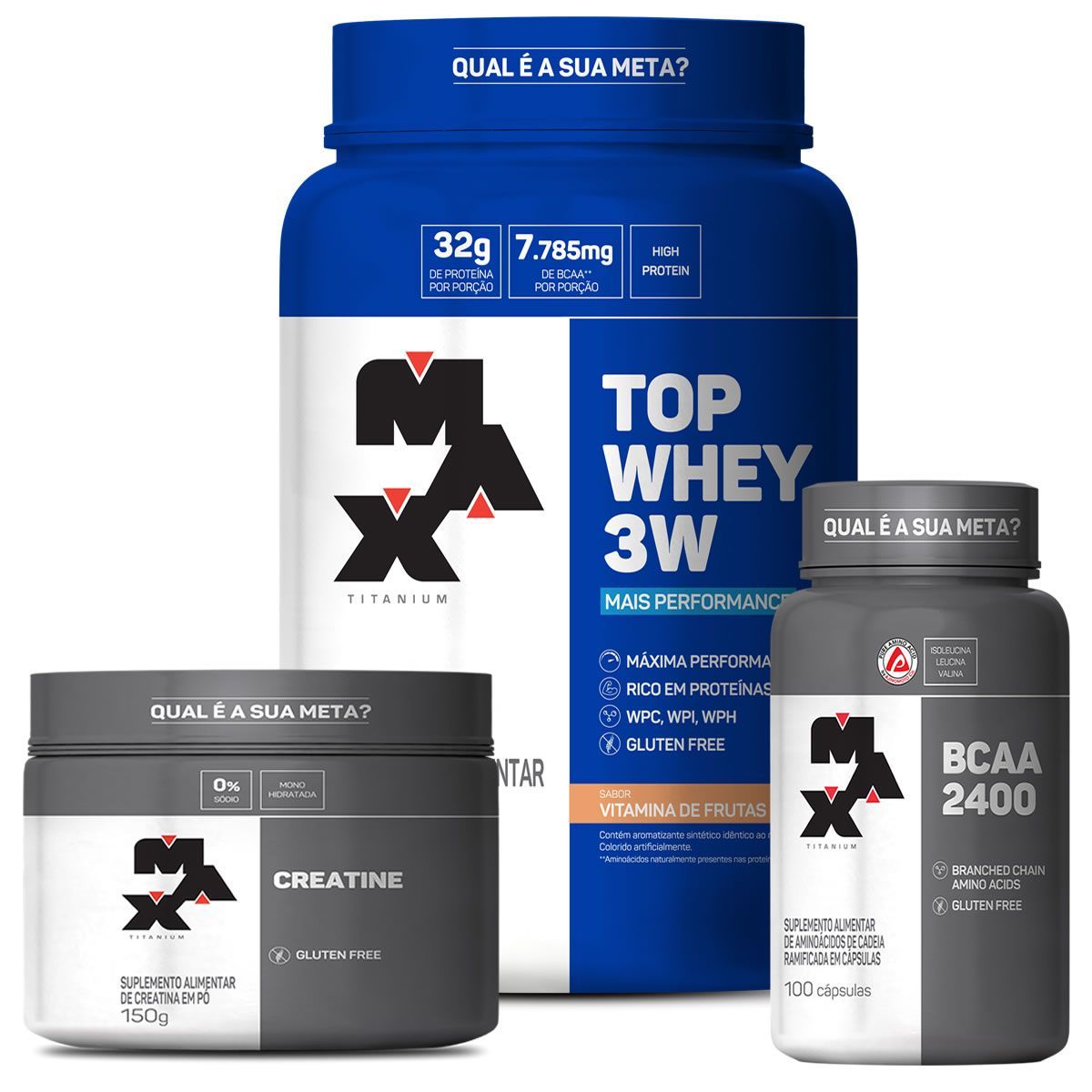kit Top Whey 3W 900g Vit. + BCAA 2400 100 caps + Creatina 150g - Max Titanium