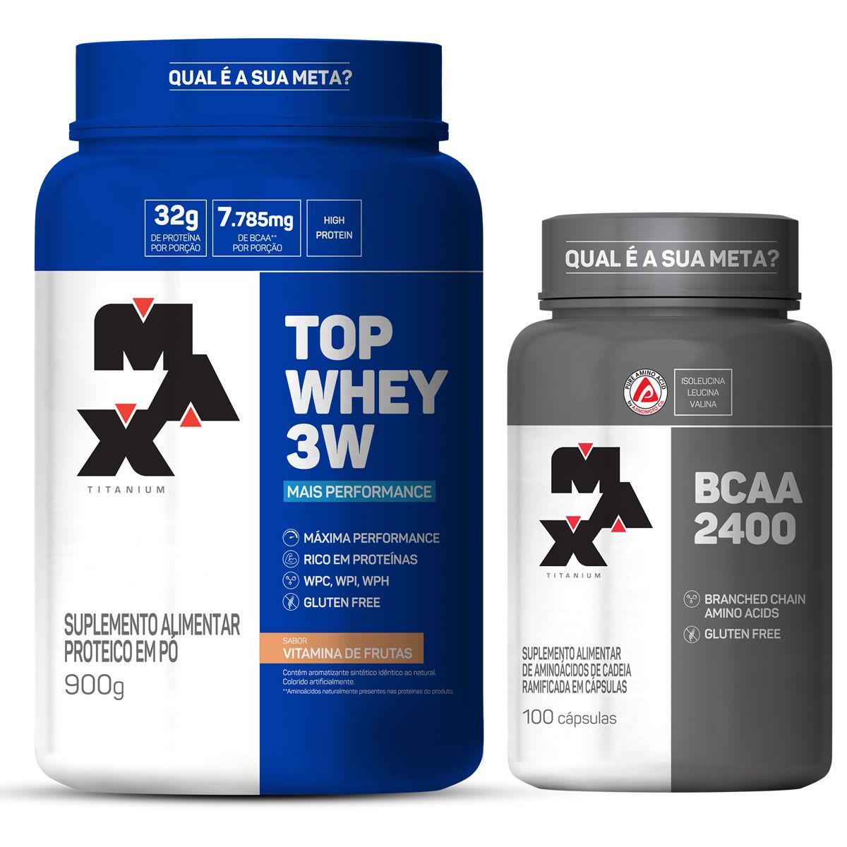 Kit Top Whey 3W 900g Vit. + BCAA 2400 100 caps - Max Titanium