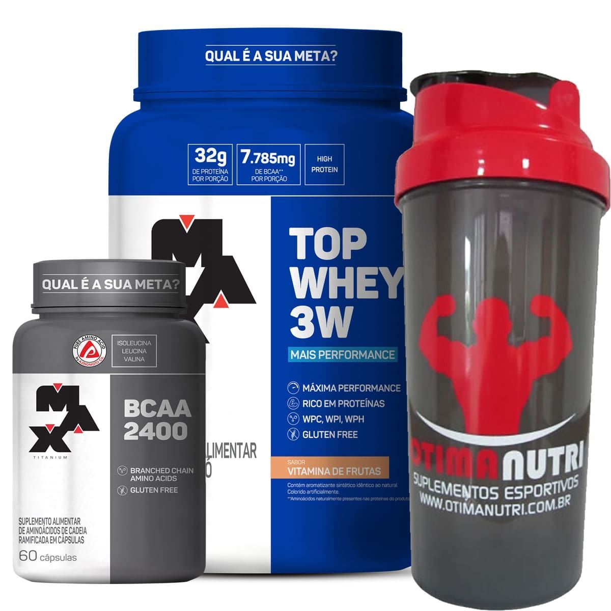 Kit Top Whey 3W - 900g Vit.frutas + BCAA 2400 - 60 C�ps + Coqueteleira - Max Titanium