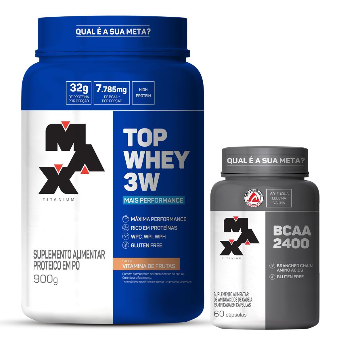 Kit Top Whey 3W - 900g Vit.frutas + BCAA 2400 - 60 C�ps - Max Titanium