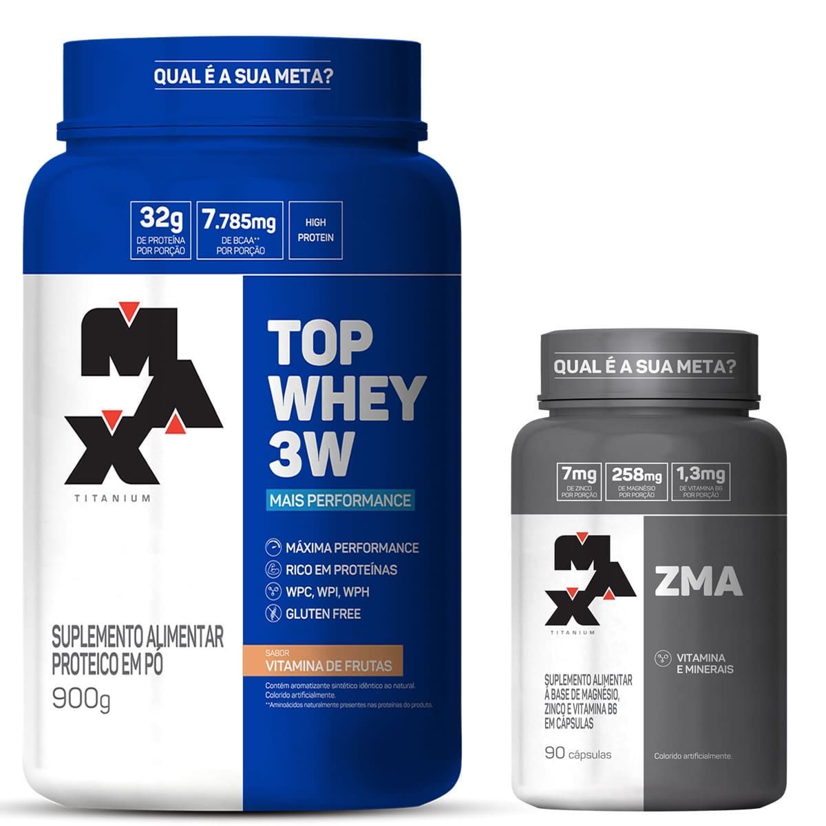 Kit Top Whey 3W - 900g Vit.frutas + ZMA 90 c�ps - Max Titanium