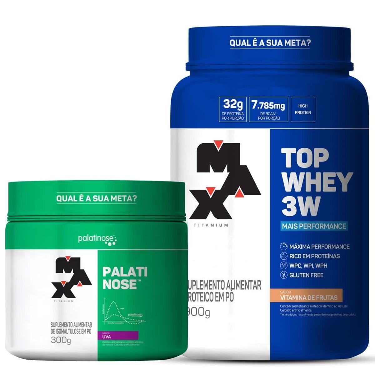 Kit Top Whey 3W 900g Vitamina de Frutas + Palatinose 300g Uva - Max Titanium