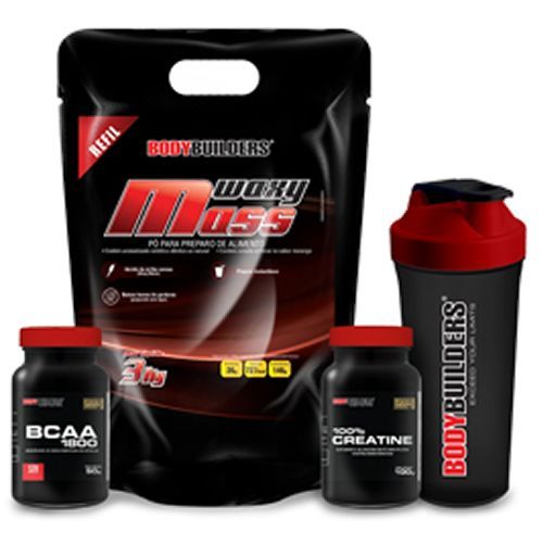 Kit Waxy Mass 3000g Morango + BCAA 1800 - 120 Caps + Creatine 100g + Coqueteleira - BodyBuilders