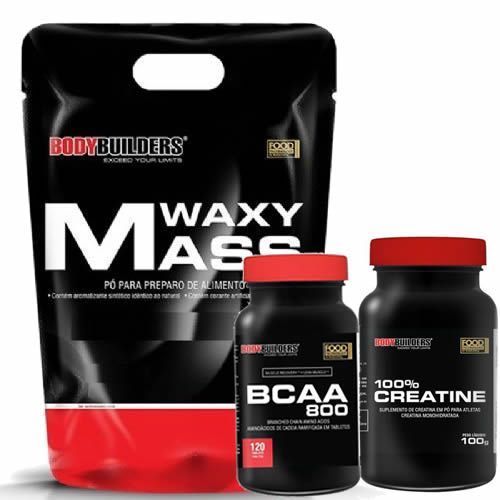 Kit Waxy Mass - Refil 3000g Morango + BCAA 800 120 Tab + 100% Creatine 100g - BodyBuilders