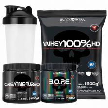 Kit Whey 100% HD Refil 900g Baunilha + Bope 150g Frutas Vermelhas + Creatina Turbo 150g + Coqueteleira - Black Skull
