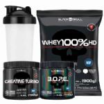 Kit Whey 100% HD Refil 900g Baunilha + Bope 150g Lim�o + Creatina Turbo 150g + Coqueteleira - Black Skull