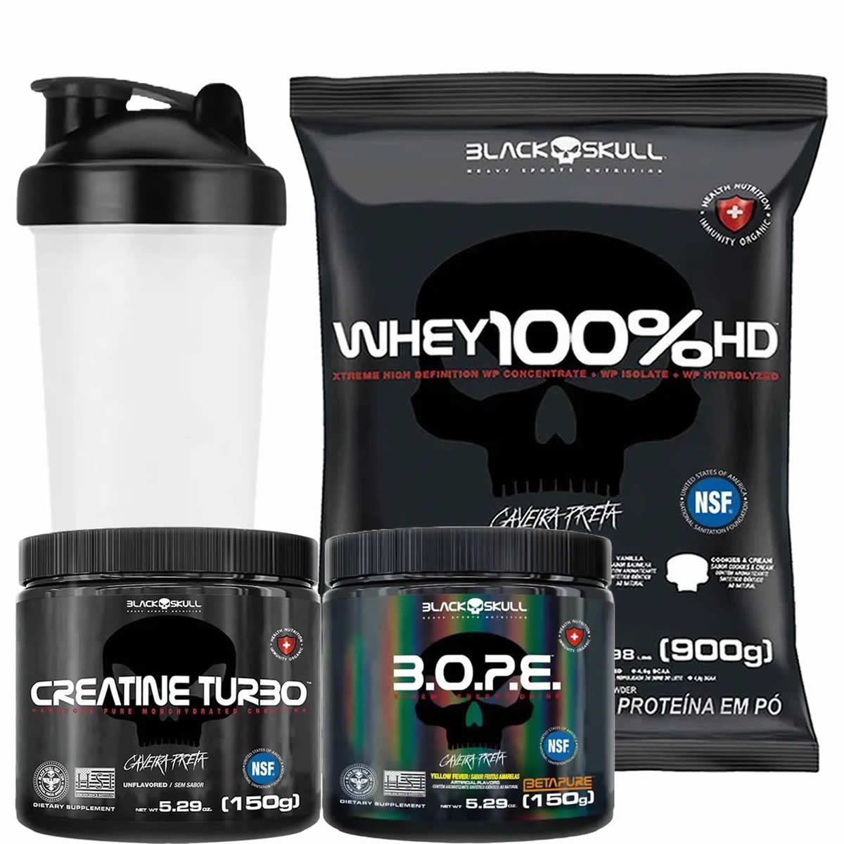 Kit Whey 100% HD Refil 900g Chocolate + Bope 150g Frutas Amarelas + Creatina Turbo 150g + Coqueteleira - Black Skull