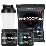 Kit Whey 100% HD Refil 900g Chocolate + Bope 150g Frutas Amarelas + Creatina Turbo 150g + Coqueteleira - Black Skull