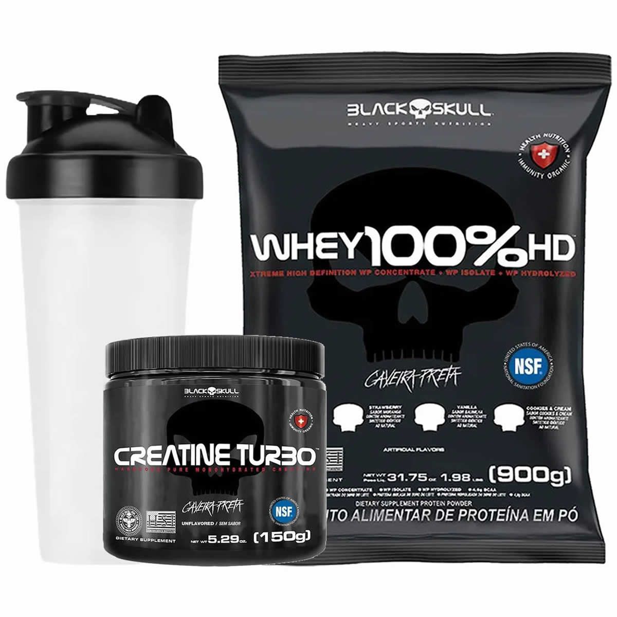 Kit Whey 100% HD Refil 900g Chocolate + Creatina Turbo 150g + Coqueteleira - Black Skull