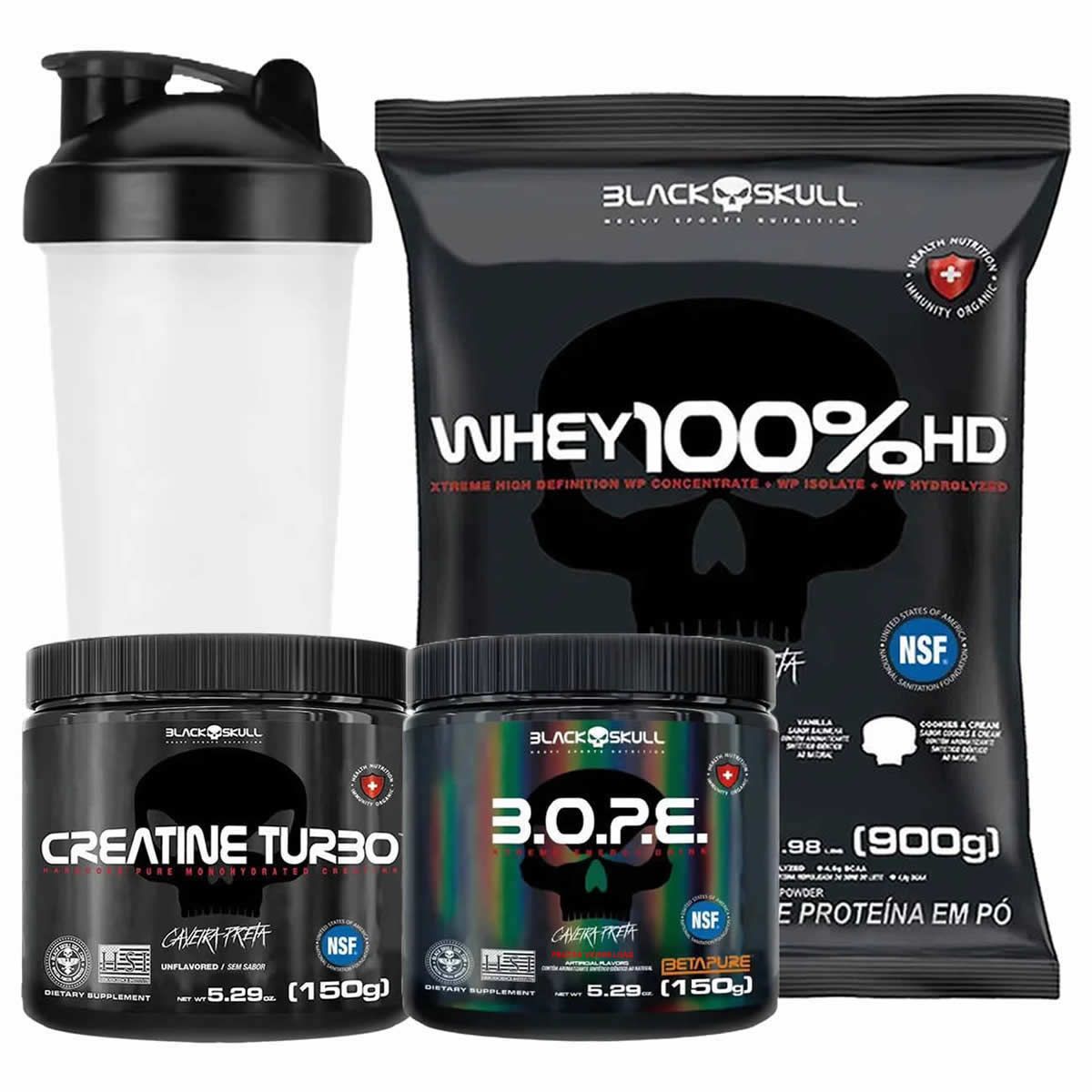 Kit Whey 100% HD Refil 900g Cookies + Bope 150g Frutas Vermelhas + Creatina Turbo 150g + Coqueteleira - Black Skull