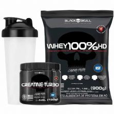 Kit Whey 100% HD Refil 900g Cookies + Creatina Turbo 150g + Coqueteleira - Black Skull