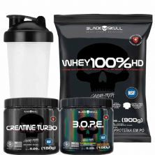 Kit Whey 100% HD Refil 900g Morango + Bope 150g Frutas Amarelas + Creatina Turbo 150g + Coqueteleira - Black Skull