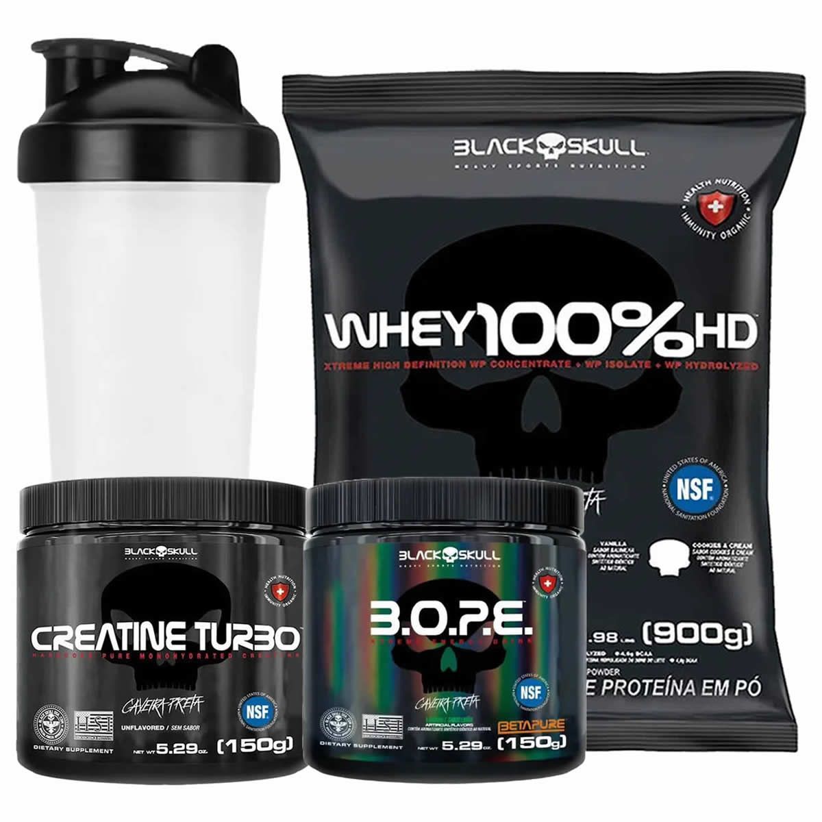 Kit Whey 100% HD Refil 900g Morango + Bope 150g Lim�o + Creatina Turbo 150g + Coqueteleira - Black Skull