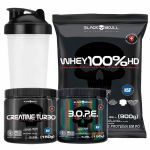 Kit Whey 100% HD Refil 900g Morango + Bope 150g Lim�o + Creatina Turbo 150g + Coqueteleira - Black Skull