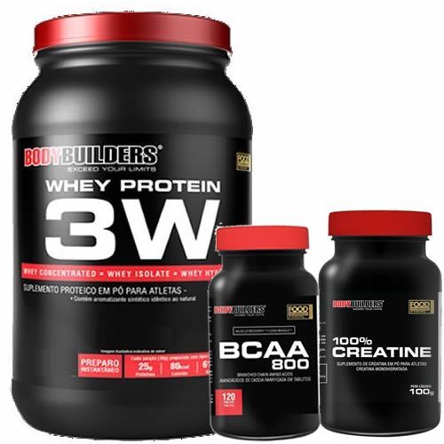 Kit Whey 3W 900g Chocolate + BCAA 800 120 Tab + 100% Creatine 100g - BodyBuilders