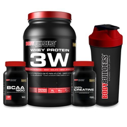 Kit Whey 3W 900g Morango + BCAA 1800 120 Caps + Creatine 100g + Coqueteleira- BodyBuilders