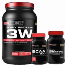 Kit Whey 3W 900g Morango + BCAA 800 120 Tab + 100% Creatine 100g - BodyBuilders