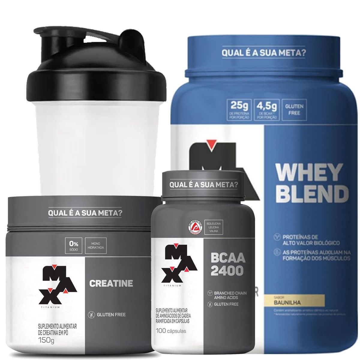 Kit Whey Blend - 900g Baunilha + Creatine 150g + Bcaa 100 C�ps + Coqueteleira - Max Titanium