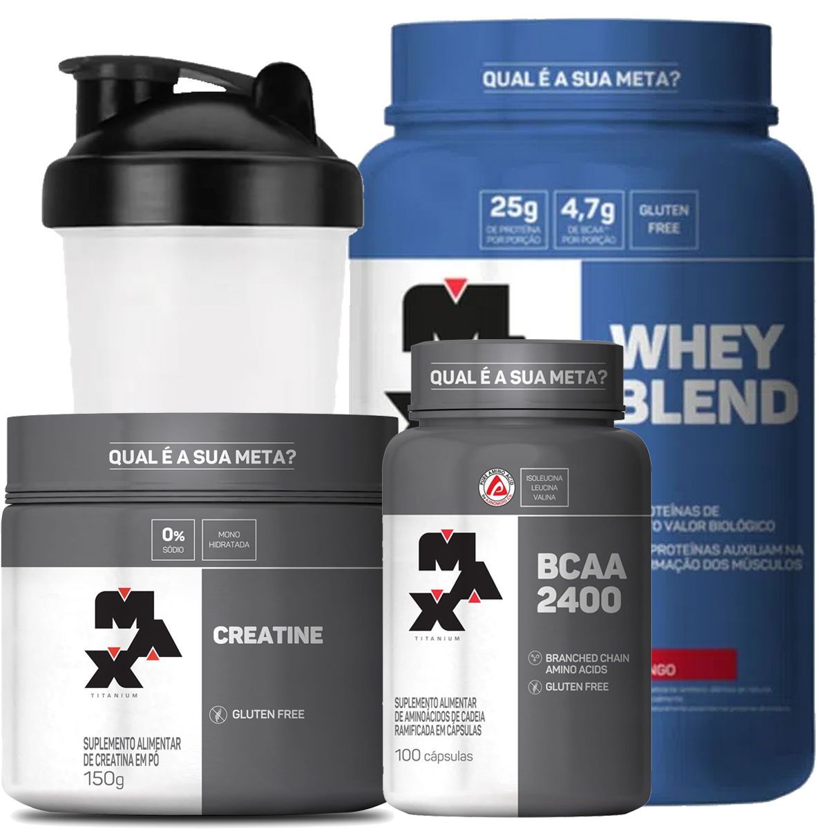 Kit Whey Blend - 900g Morango + Creatine 150g + Bcaa 100 C�ps + Coqueteleira - Max Titanium