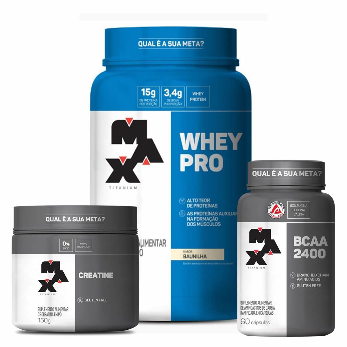 Kit Whey Pro - 1000g Baunilha + Creatina 150g + BCAA 2400 60 C�ps- Max Titanium