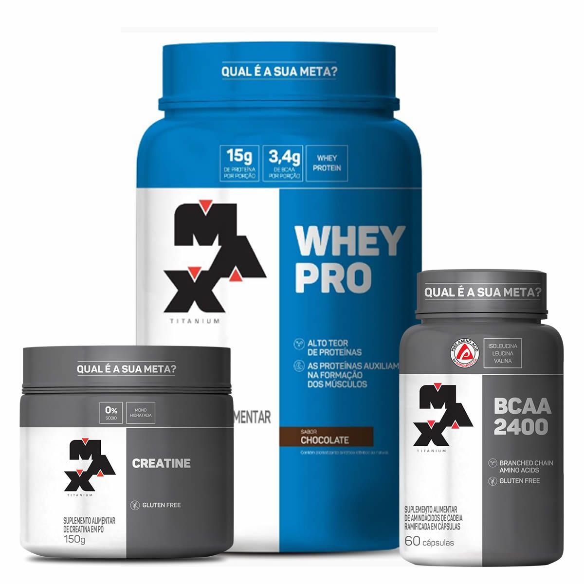 Kit Whey Pro - 1000g Chocolate + Creatina 150g + BCAA 2400 60 C�ps- Max Titanium