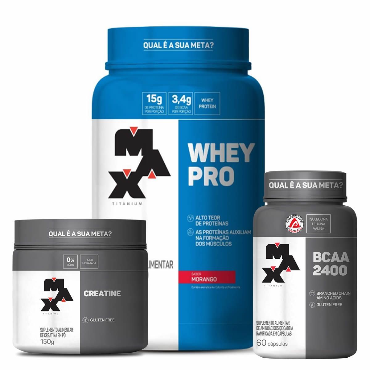 Kit Whey Pro - 1000g Morango + Creatina 150g + BCAA 2400 60 C�ps- Max Titanium