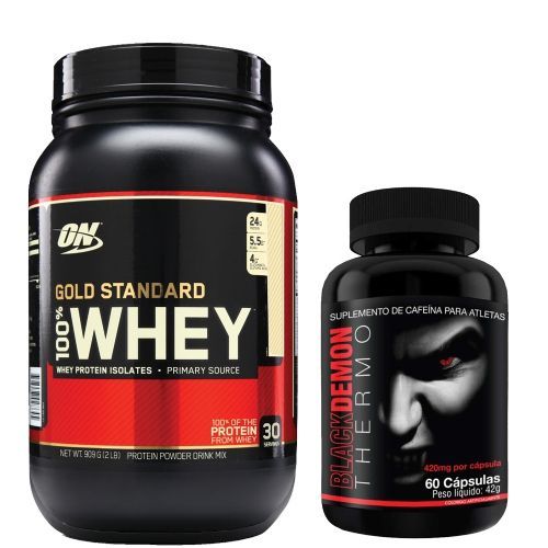 Kit Whey Protein 100% Gold Standard - 909g Morango + Black Demon Thermo - Intlab