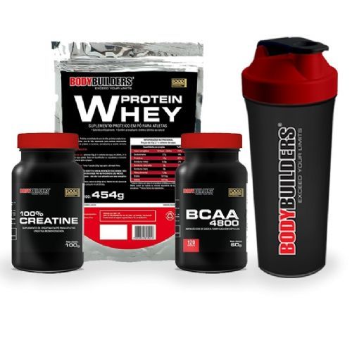 Kit Whey Protein 454g Baunilha + BCAA 4800 - 120 Caps + Creatine 100g + Coqueteleira - BodyBuilders