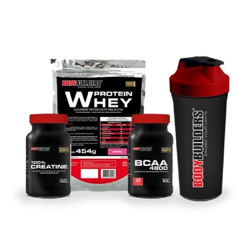 Kit Whey Protein 454g Morango + BCAA 4800 120 C�ps + 100% Creatine 100g + Coqueteleira - Bodybuilders