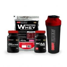 Kit Whey Protein 454g Morango + BCAA 4800 120 C�ps + 100% Creatine 100g + Coqueteleira - Bodybuilders