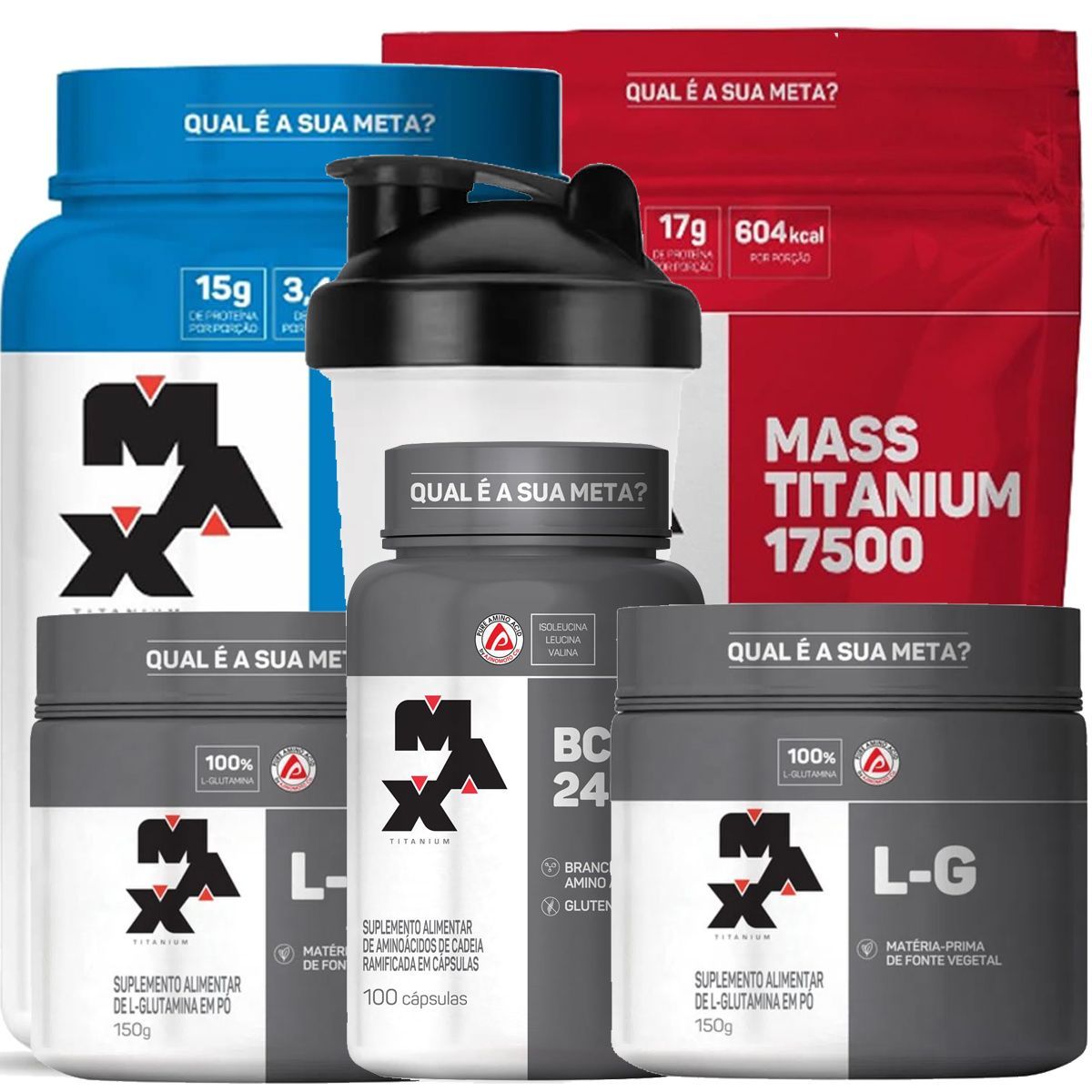 Kit Whey Proten Mass17500 Baunilha Bcaa Gluta Creatina Coqueteleira