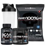 Kit Whey Turbo 900g Baunilha + BCAA 100 Tabletes+ Creatina Turbo 150g + Coqueteleira - Black Skull