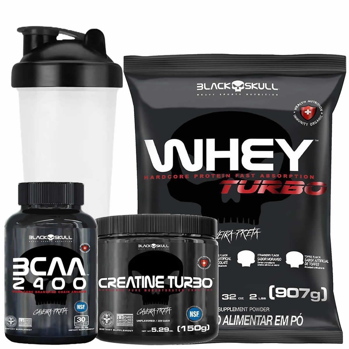 Kit Whey Turbo 900g Baunilha + BCAA 30 Tabletes+ Creatina Turbo 150g + Coqueteleira - Black Skull