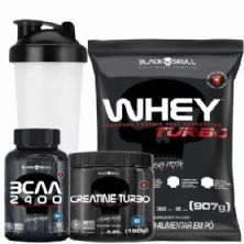 Kit Whey Turbo 900g Baunilha + BCAA 30 Tabletes+ Creatina Turbo 150g + Coqueteleira - Black Skull