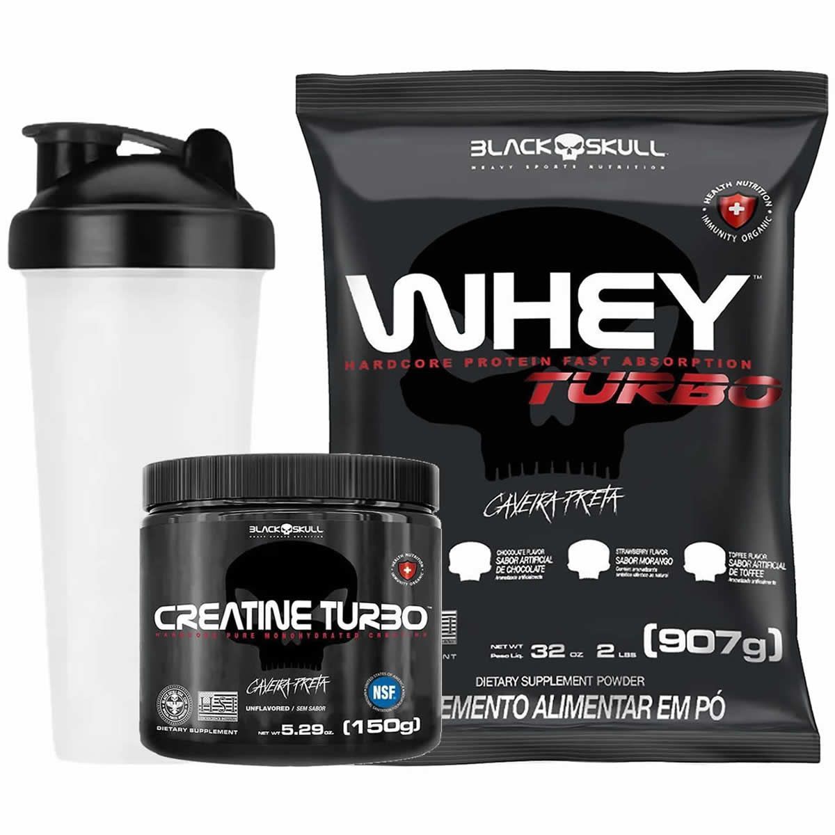 Kit Whey Turbo 900g Baunilha  + Creatina Turbo 150g + Coqueteleira - Black Skull