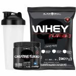 Kit Whey Turbo 900g Baunilha  + Creatina Turbo 150g + Coqueteleira - Black Skull