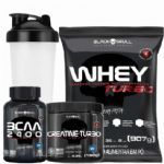 Kit Whey Turbo 900g Chocolate + BCAA 30 Tabletes+ Creatina Turbo 150g + Coqueteleira - Black Skull
