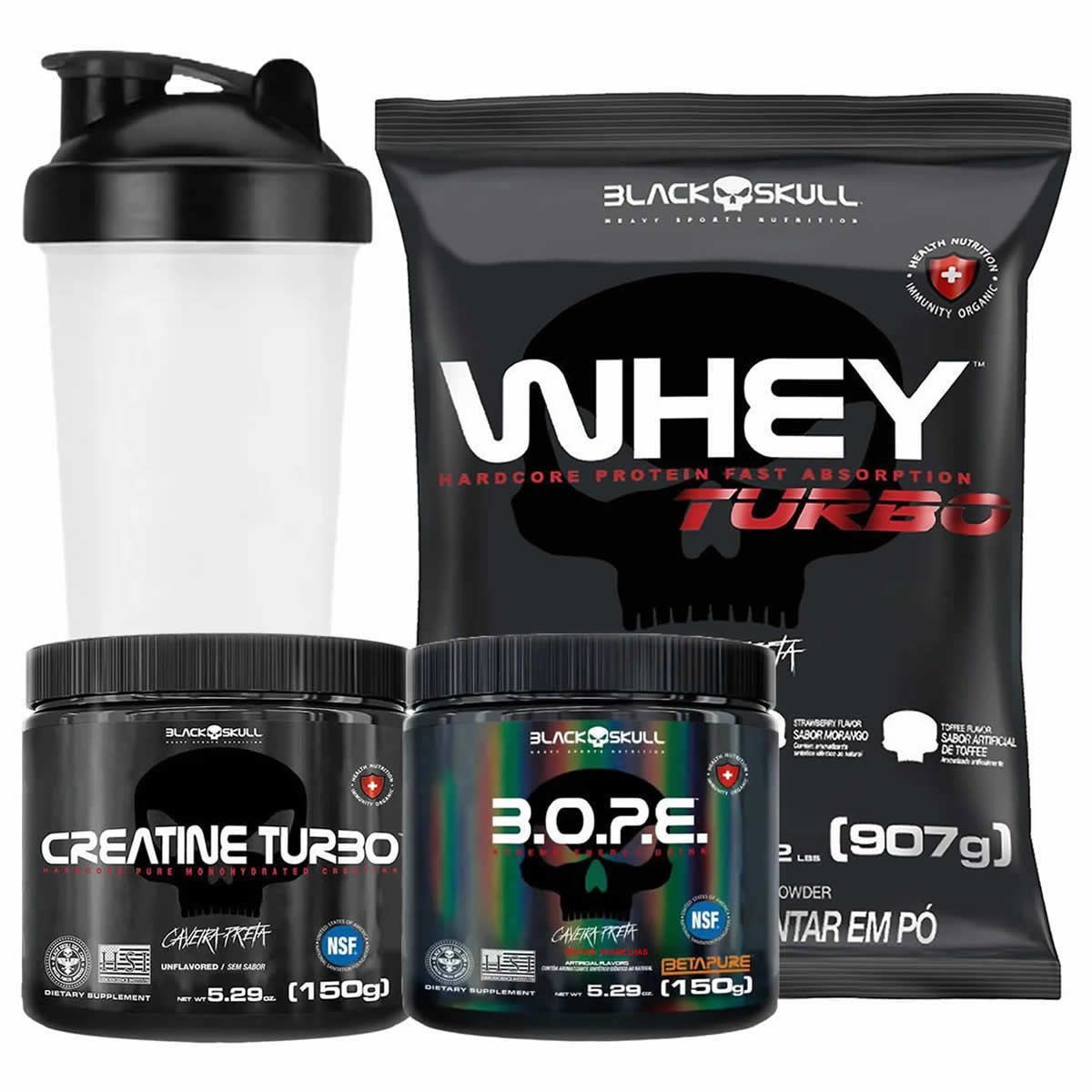 Kit Whey Turbo 900g Chocolate + Bope 150g Frutas Vermelhas + Creatina Turbo 150g + Coqueteleira - Black Skull