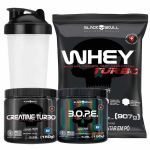 Kit Whey Turbo 900g Chocolate + Bope 150g Frutas Vermelhas + Creatina Turbo 150g + Coqueteleira - Black Skull