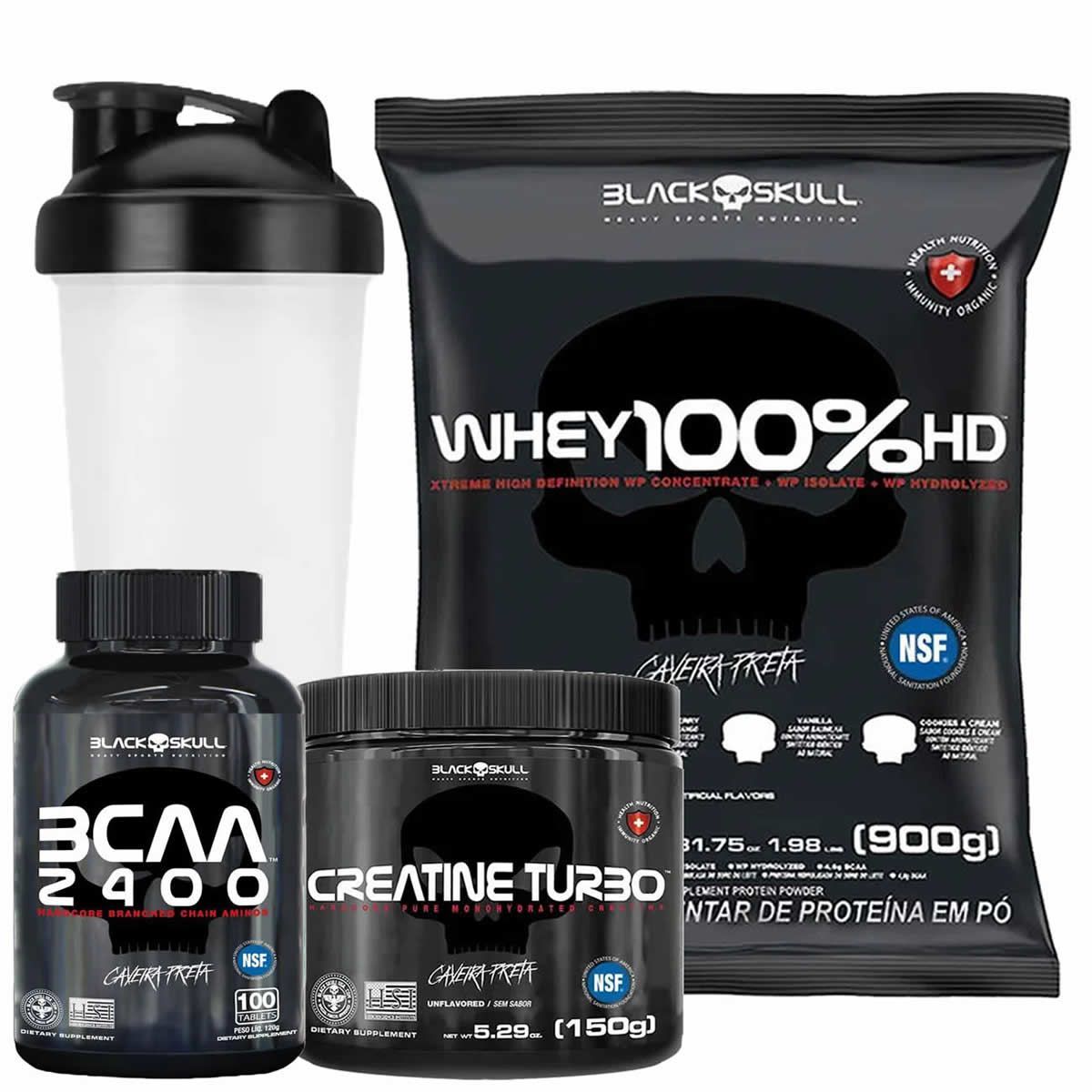 Kit Whey Turbo 900g Morango + BCAA 100 Tabletes+ Creatina Turbo 150g + Coqueteleira - Black Skull