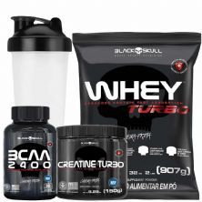Kit Whey Turbo 900g Morango + BCAA 30 Tabletes+ Creatina Turbo 150g + Coqueteleira - Black Skull