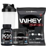 Kit Whey Turbo 900g Morango + BCAA 30 Tabletes+ Creatina Turbo 150g + Coqueteleira - Black Skull