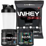 Kit Whey Turbo 900g Morango + Bope 150g Frutas Amarelas + Creatina Turbo 150g + Coqueteleira - Black Skull