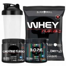 Kit Whey Turbo 900g Morango + Bope 150g Frutas Vermelhas + Creatina Turbo 150g + Coqueteleira - Black Skull