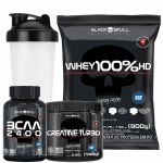 Kit Whey Turbo 900g Toffee + BCAA 30 Tabletes+ Creatina Turbo 150g + Coqueteleira - Black Skull